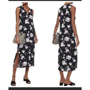 EQUIPMENT FEMME Medium Black Connery Floral Sleeveless Side Slit Silk Midi Dress